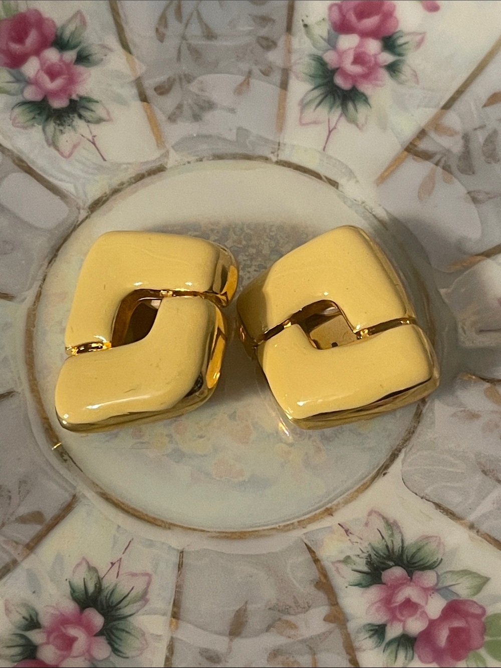 1980’s Paolo Gucci Geometric Pastel Yellow Enamel Clip-on Statement Earrings